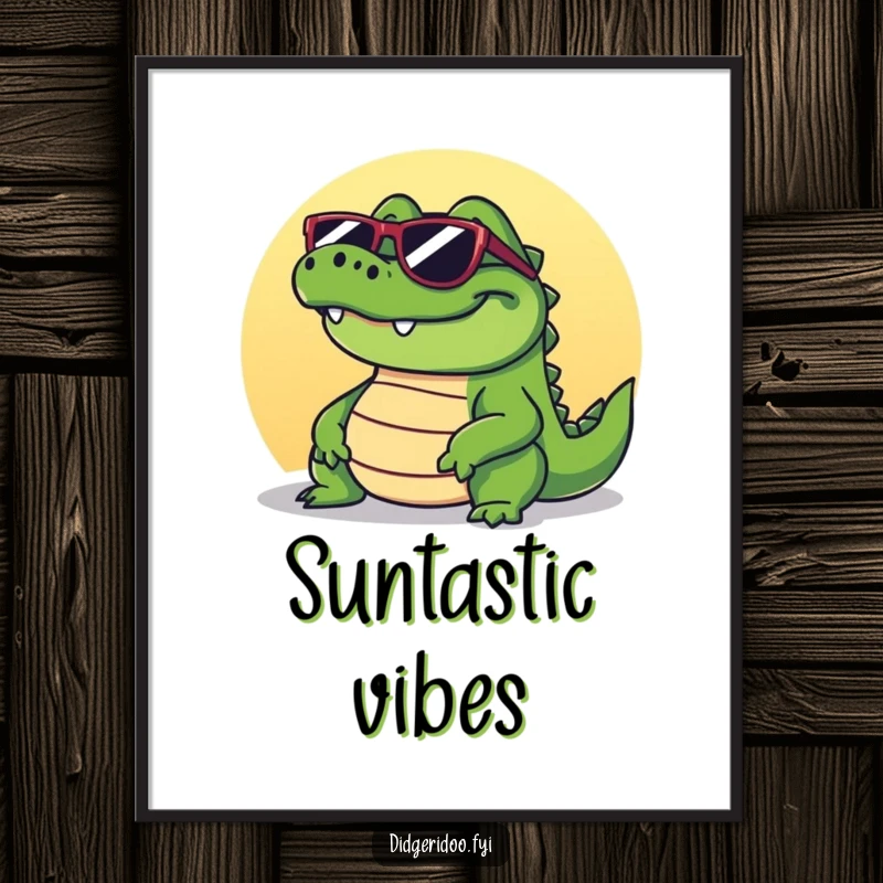Funny Free Printable Crocodile Wall Art: Grinning crocodile wearing sunglasses, basking in the sun with a cool demeanor.