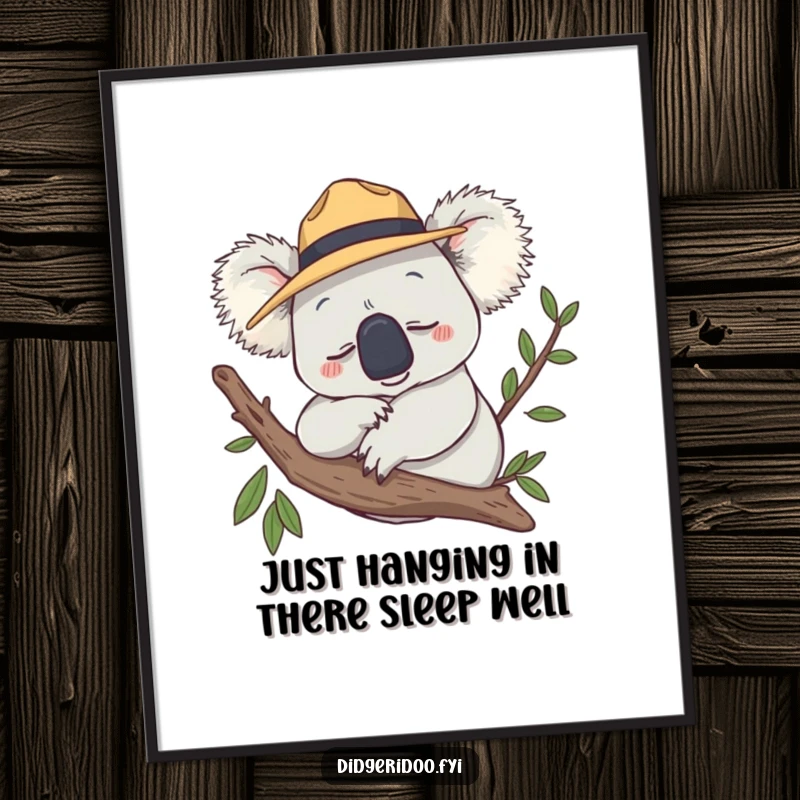 Funny Free Printable Wall Art: Koala wearing Akubra hat sleeping on a branch, bringing cozy, humorous vibes to your wall.