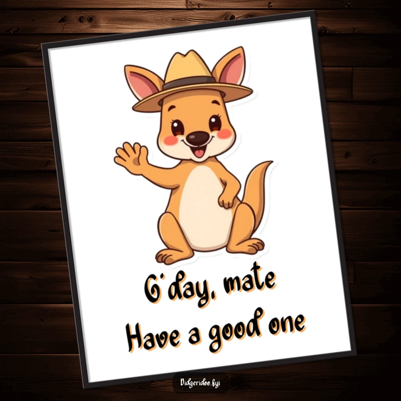 Funny Free Printable Wall Art: A happy kangaroo wearing a tiny Akubra hat waves, bringing a smile.