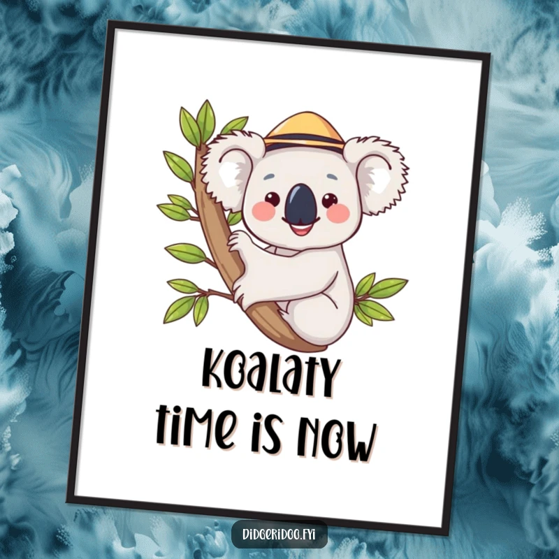 Funny Free Printable Wall Art: A happy koala in a hat hugging a eucalyptus branch.