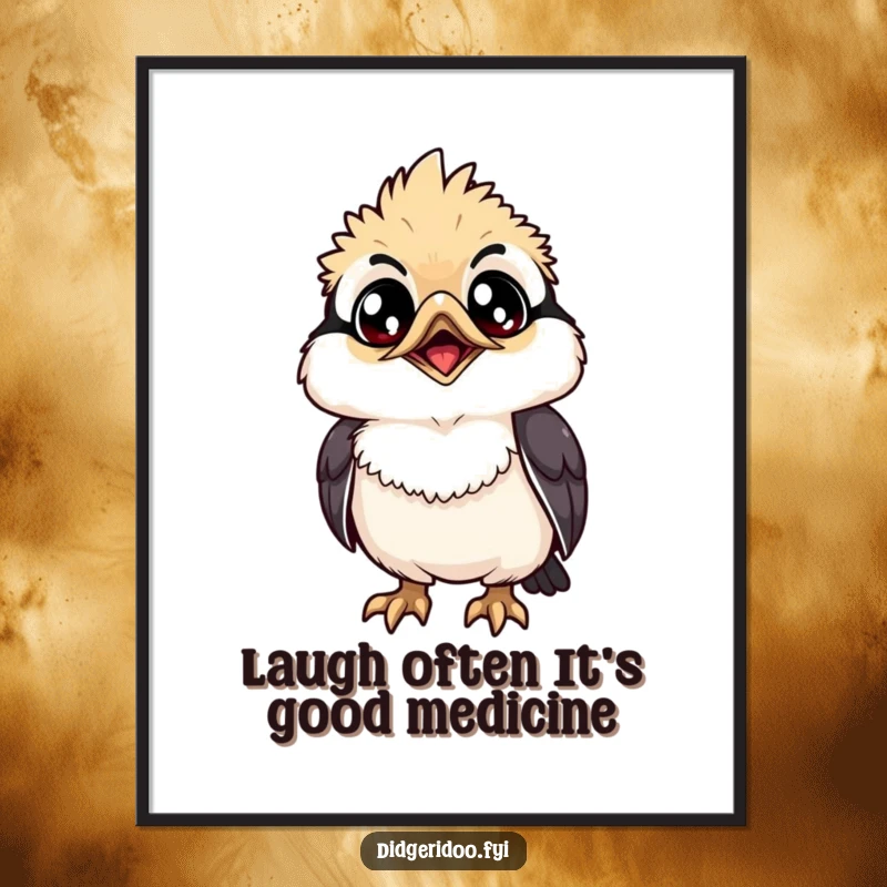 Funny Free Printable Wall Art: A grinning kookaburra with wide eyes looks up, bringing infectious laughter.
