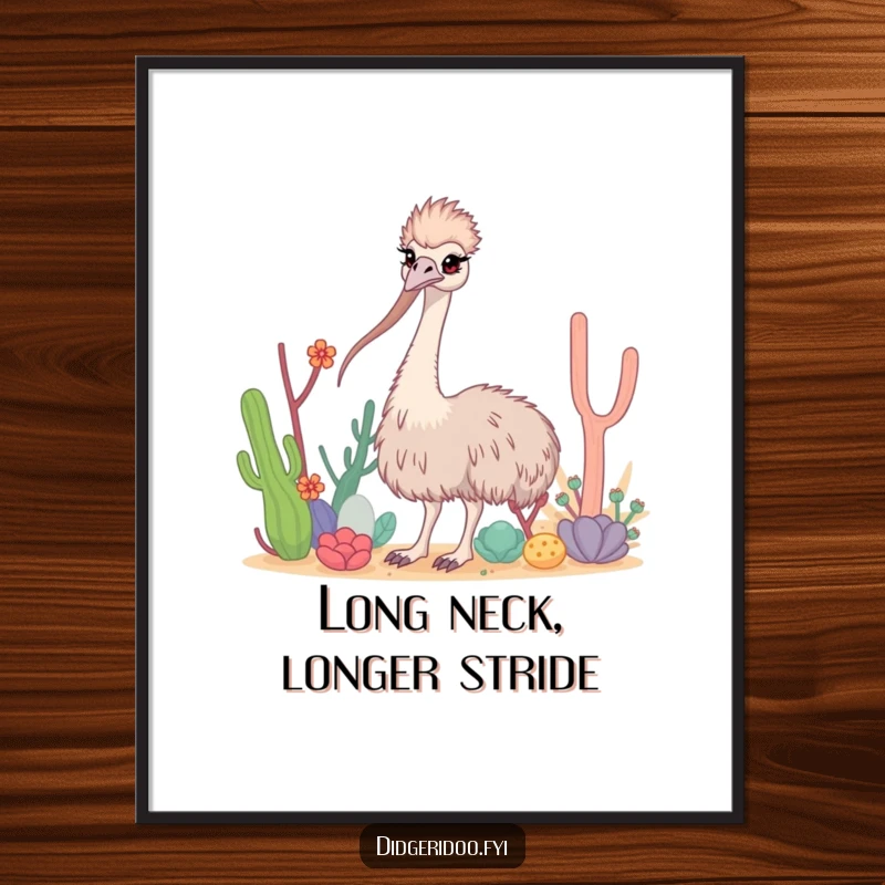 Funny Free Printable Wall Art of a curious emu with long neck weaving through stylized desert flora.