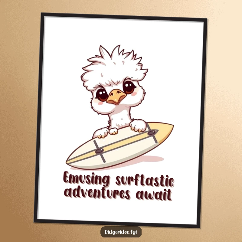 Funny Free Printable Wall Art: A curious emu peeking over a comically tiny surfboard, adding whimsy.