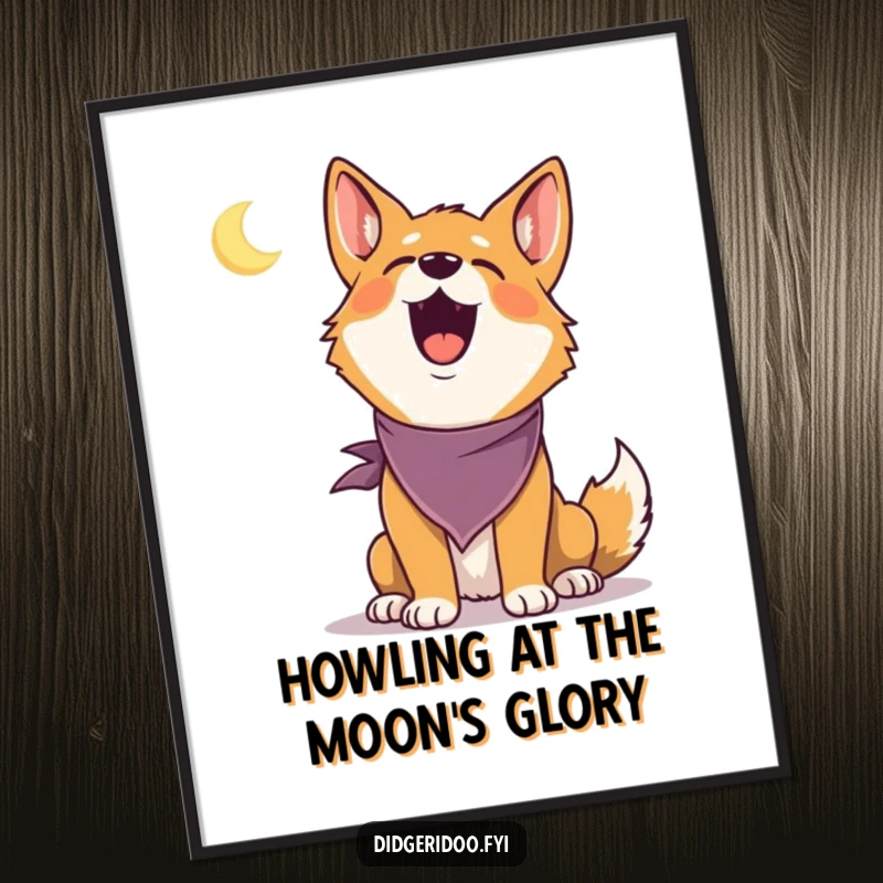 Funny Free Printable Wall Art of a delighted dingo in a bandana howling at a tiny moon. Quirky, downloadable decor.