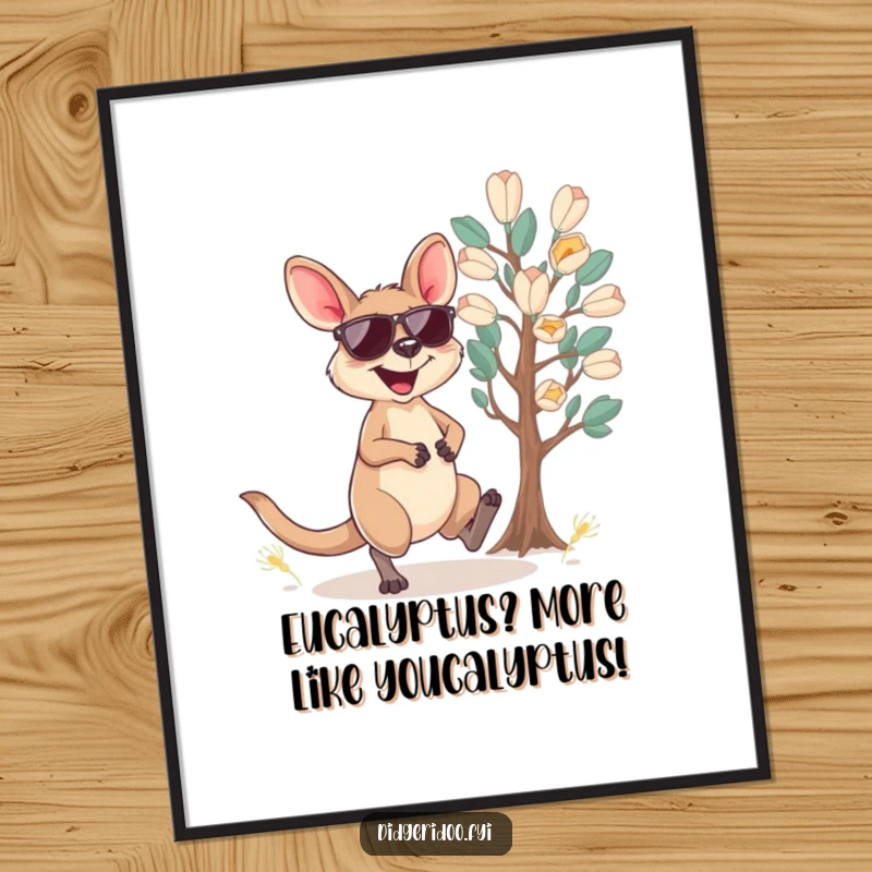 Funny Free Printable Wallaby Art: Joyful wallaby with sunglasses hopping happily near a eucalyptus tree.