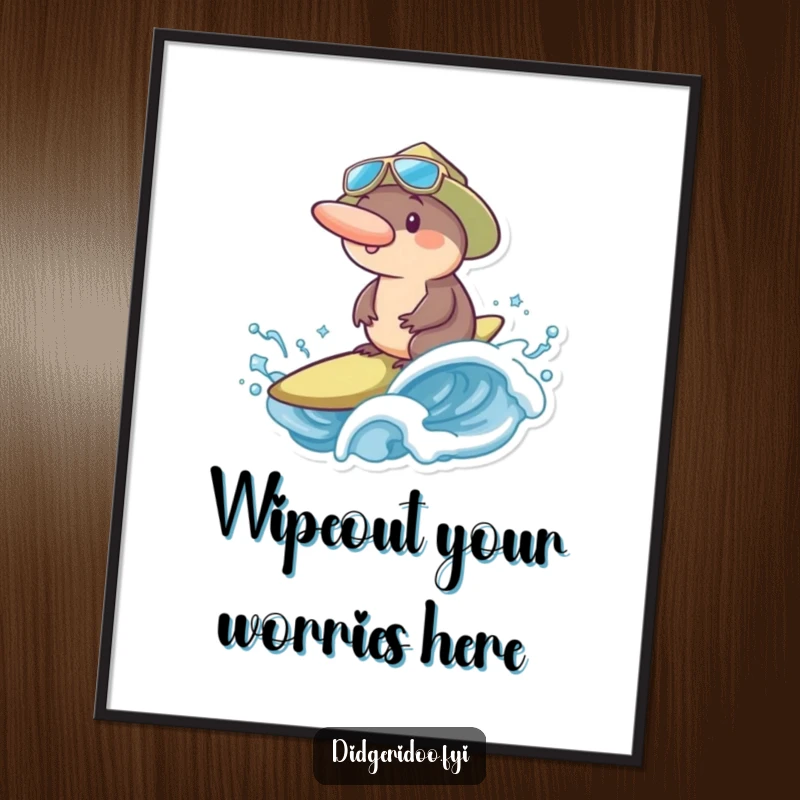 Funny Free Printable wall art of a platypus wearing a surf hat, expertly riding a massive, splashy wave with a grin.