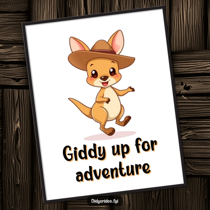 Funny Free Printable Wall Art: A cute kangaroo joey sporting a cowboy hat hops with boundless excitement.
