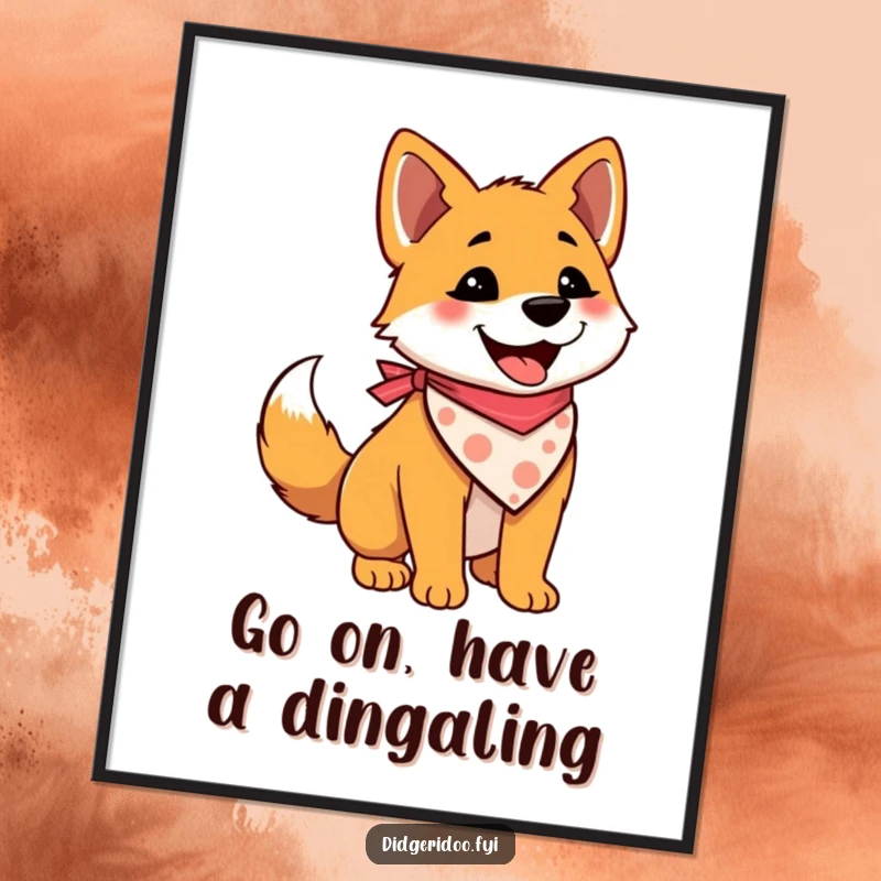 Funny Free Printable Wall Art of a delighted dingo wearing a bandana, energetically wagging its tail.