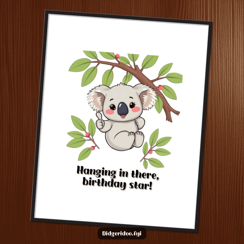Sweet free printable wall art of a blushing koala hanging from a branch, giving a cheerful thumbs up, perfect for any room.