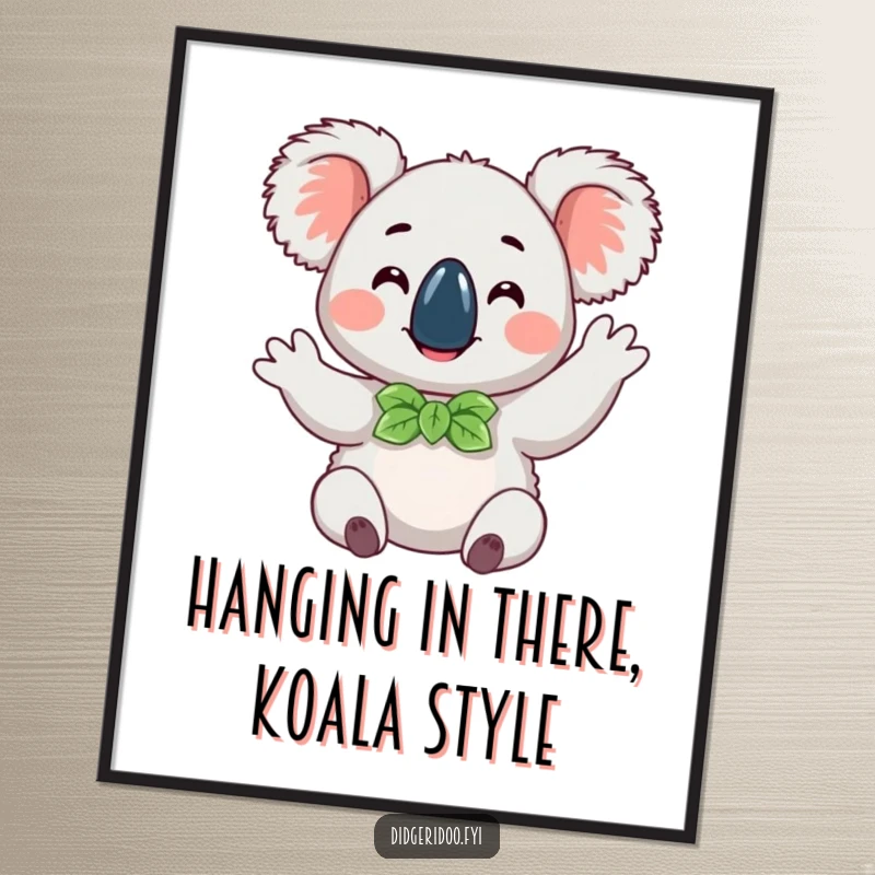 Funny Free Printable Wall Art: A happy koala wearing a eucalyptus leaf bow tie waves cheerfully.