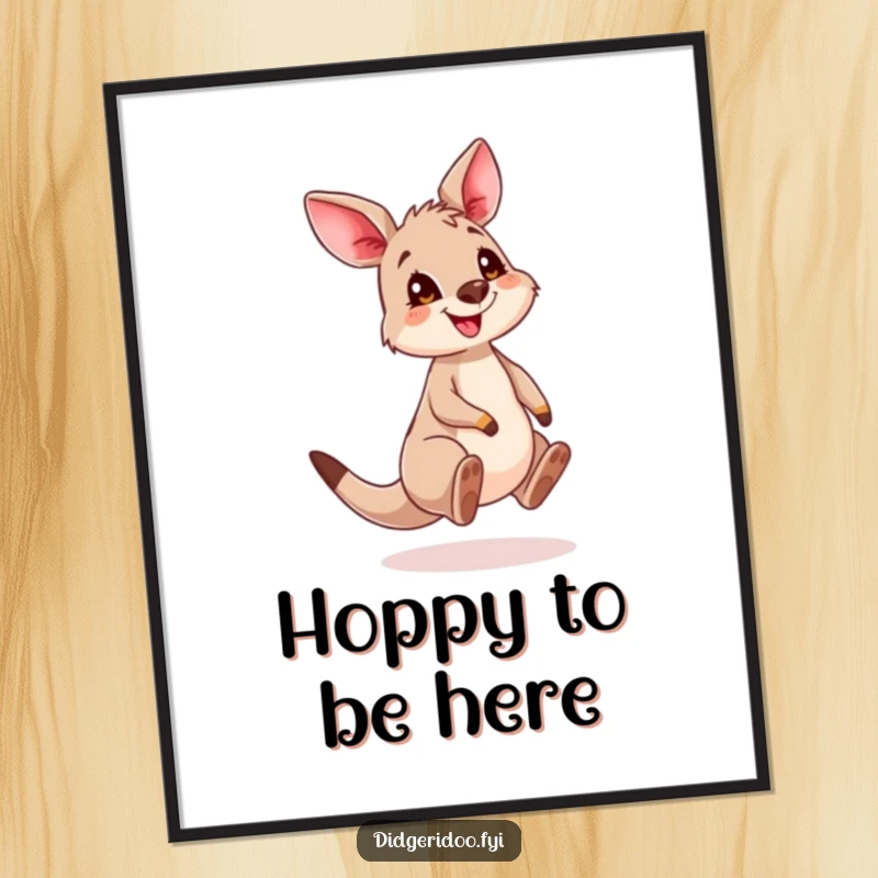 Funny Free Printable Wall Art of a cute kangaroo cub with a playful grin bouncing enthusiastically.