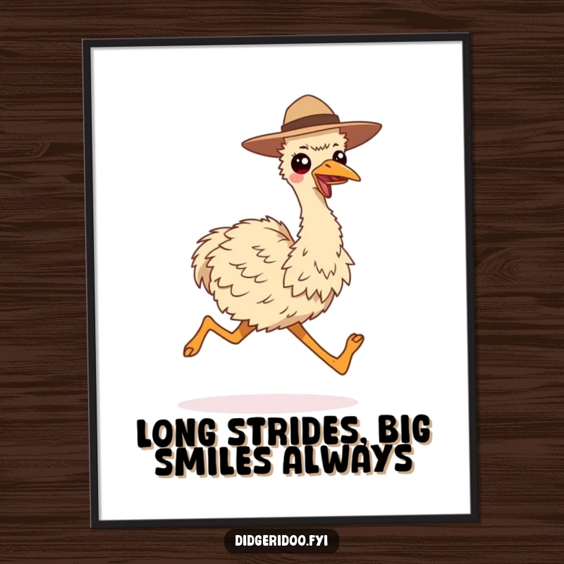 Funny Free Printable Wall Art: Smiling Emu in Hat Running Long Strides, Energetic & Quirky Downloadable Decor