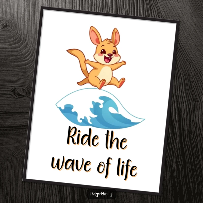 Funny Free Printable Wall Art: Cheerful Wallaby Happily Leaping Over a Stylized Ocean Wave, Vibrant and Fun