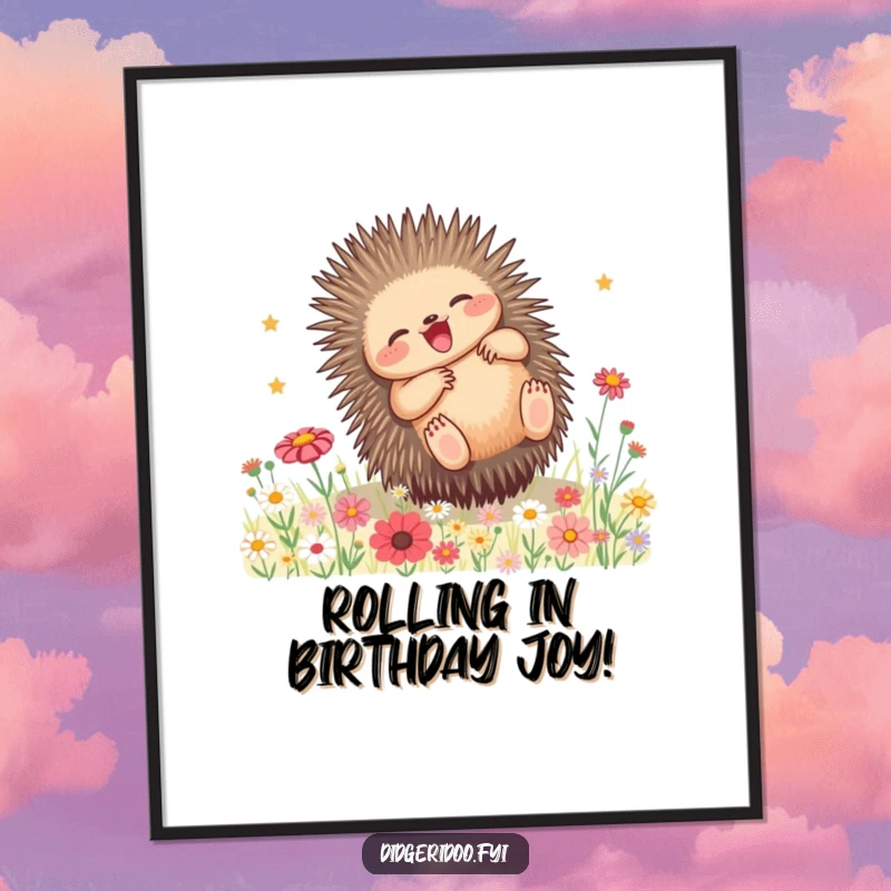 Playful free printable wall art of an echidna joyfully rolling through a field of colorful wildflowers, creating a scene of pure bliss.
