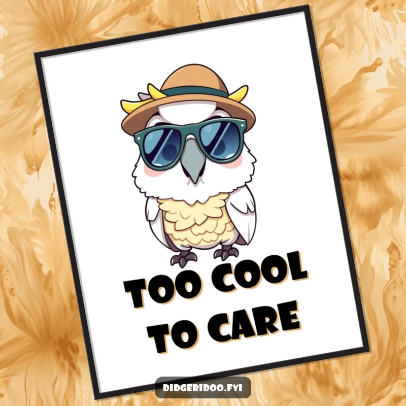 Funny free printable wall art of a cheerful cockatoo wearing cool sunglasses and a small Akubra hat.