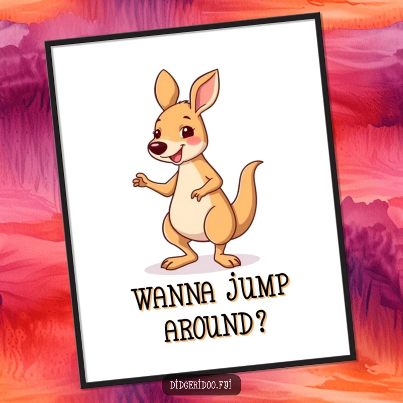 Funny free printable wall art of a smiling kangaroo performing a silly, joyful jig with bouncing energy.