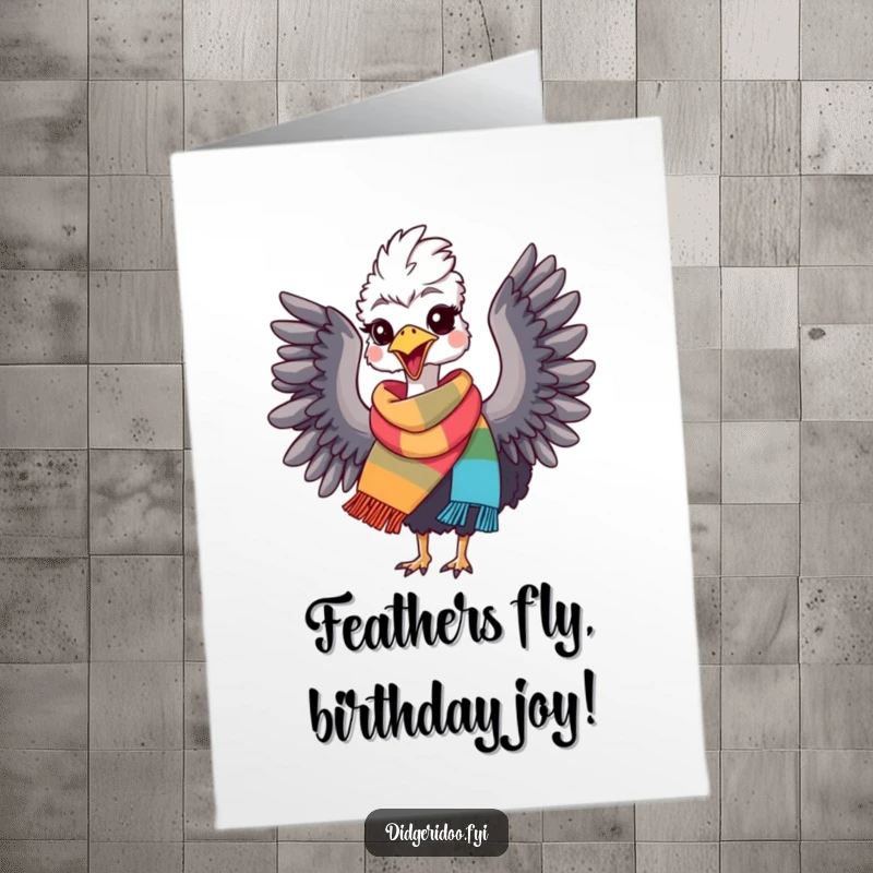 Funny Free Printable Birthday Card: Emu in a colourful scarf, flapping wings joyfully, ready for a celebration.