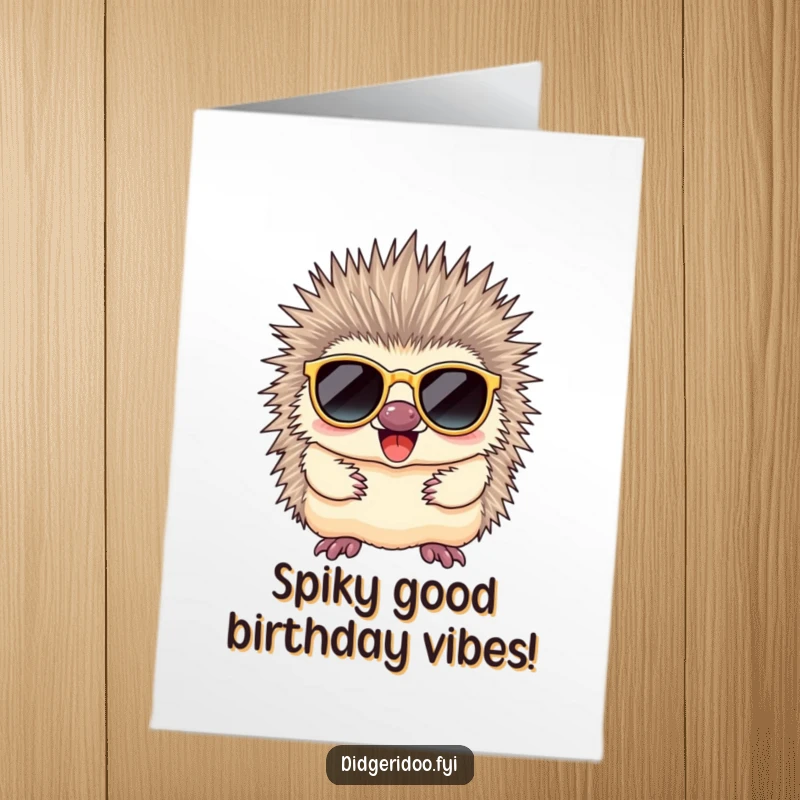 Funny Free Printable birthday card featuring a happy echidna sporting cool sunglasses, looking totally chill and ready to party.