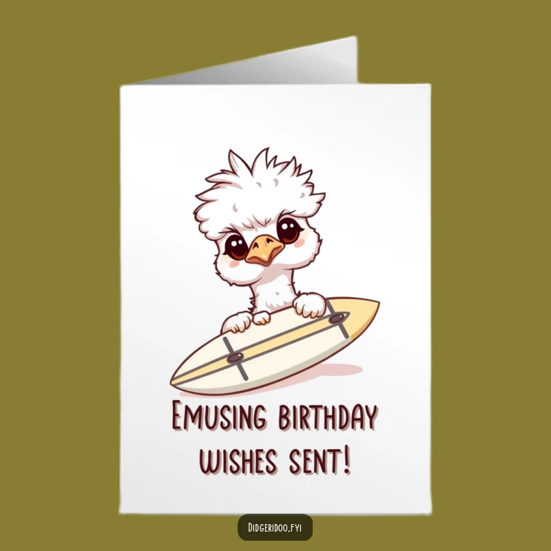 Free Printable Birthday Card: Curious Emu & Surfboard, Funny Downloadable Gift