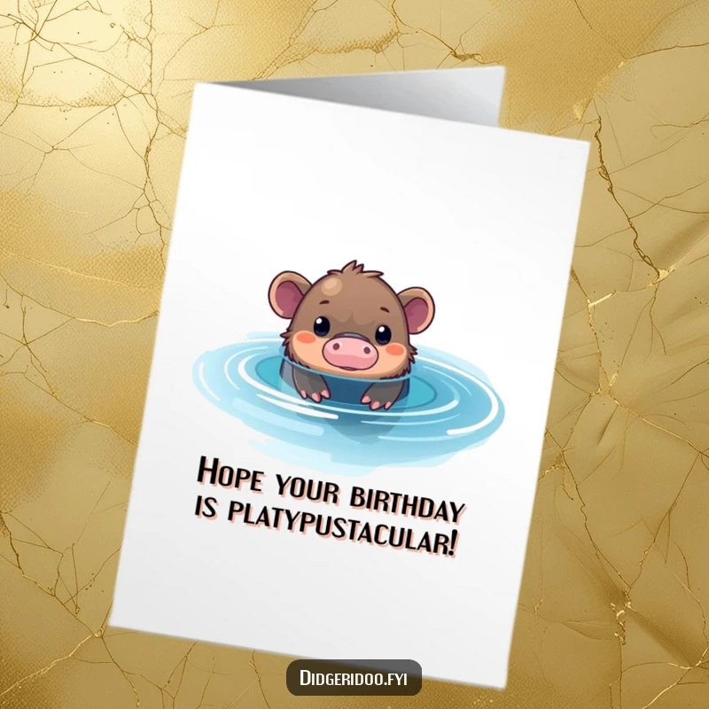 Funny free printable birthday card featuring a curious platypus peeking from a shimmering blue pool with an inquisitive expression.