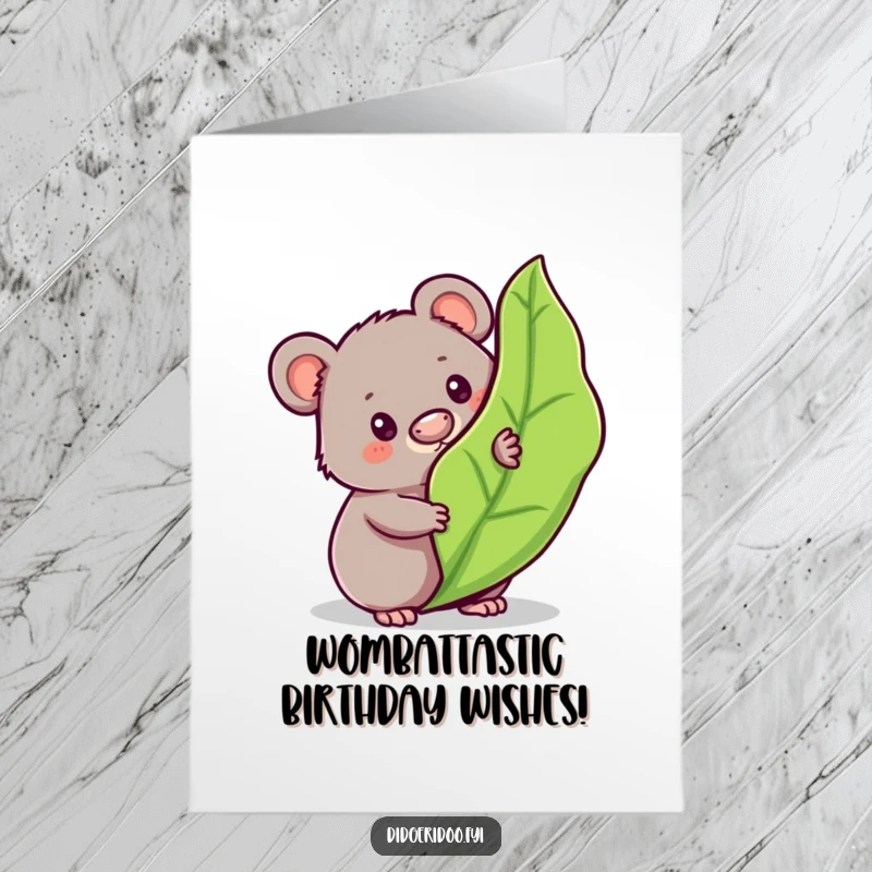 Funny Free Printable Birthday Card: a curious wombat peeking from behind a bouncy gum leaf, ready to celebrate.