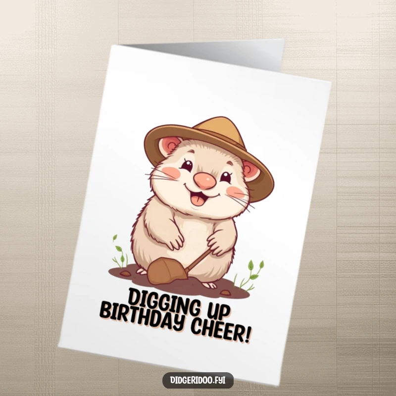 Funny Free Printable Birthday Card: Cheerful Wombat in Gardening Hat Digging, Happy DIY Gift