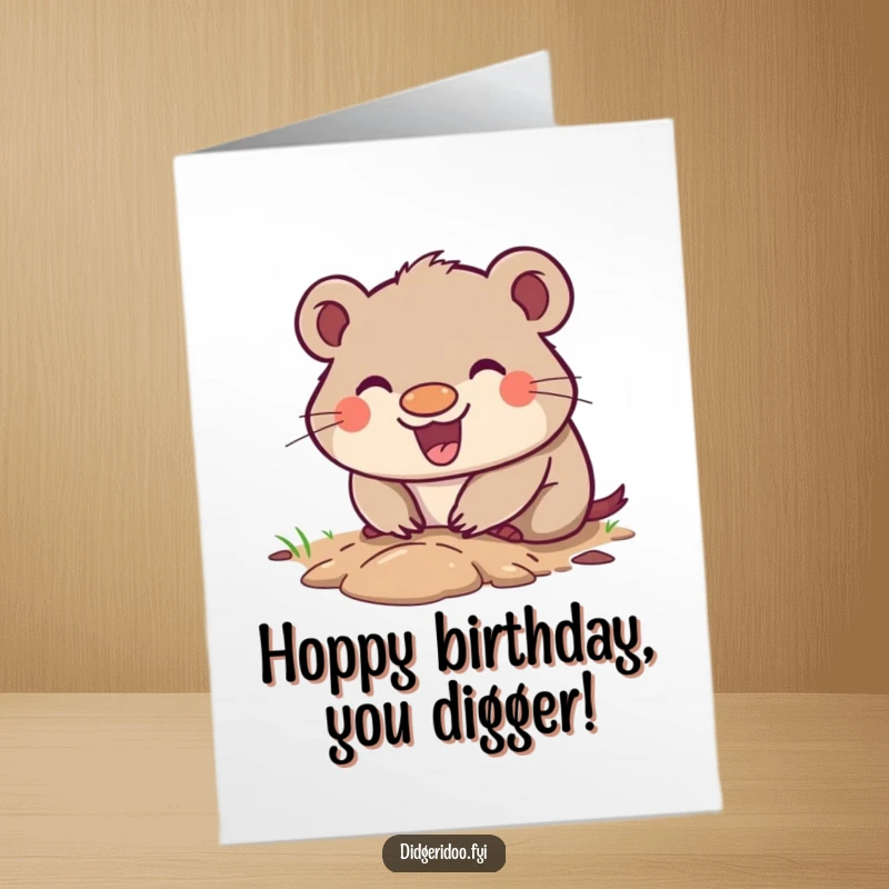Funny Free Printable Birthday Card: A wombat with a happy grin, enthusiastically digging a small hole.