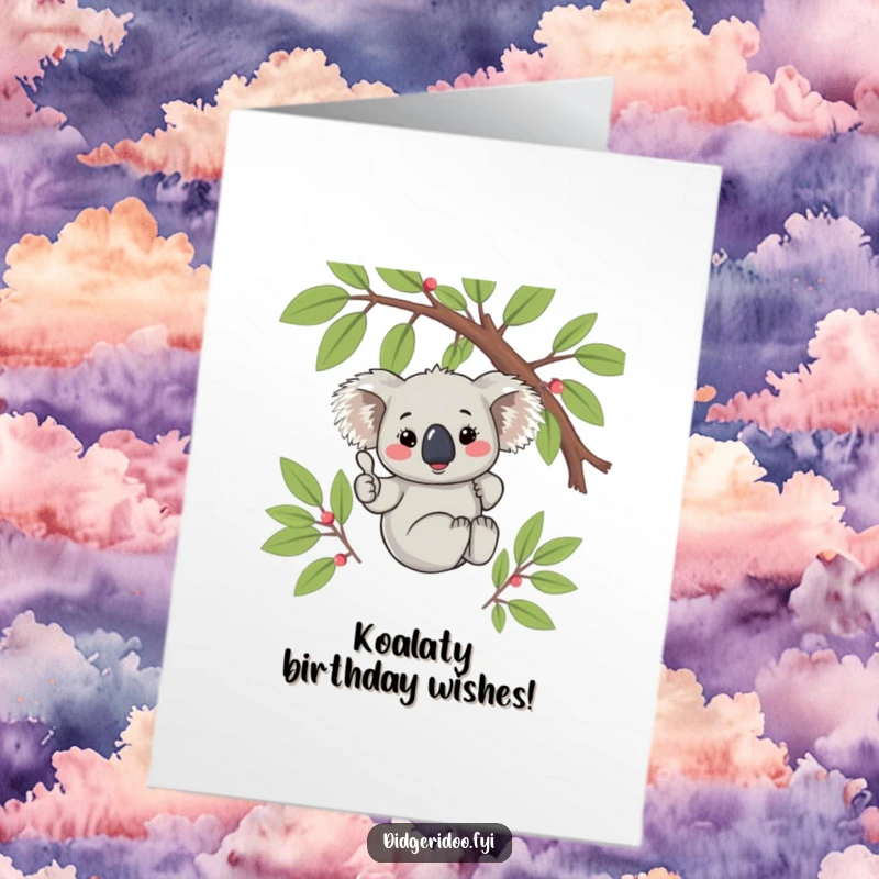 Funny free printable birthday card featuring a blushing koala hanging from a branch, giving a cute thumbs up of approval.