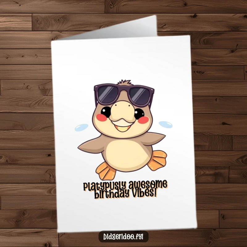 Funny Free Printable Birthday Card: Grinning platypus in sunglasses swimming with flippers out.