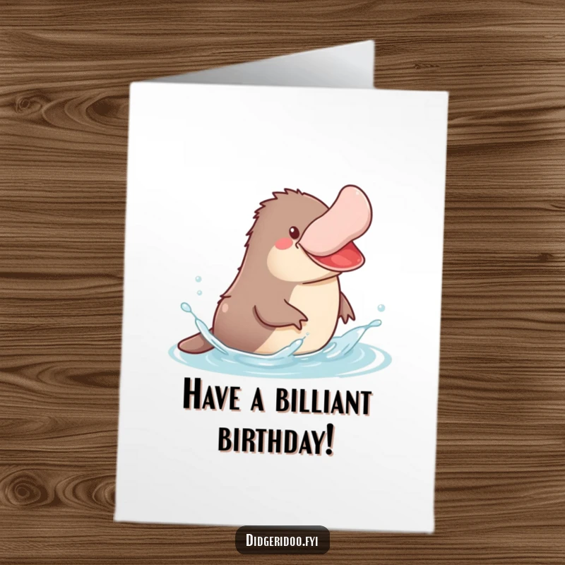 Funny Free Printable Birthday Card of a jovial platypus with its bill turned up, splashing in stylized water.