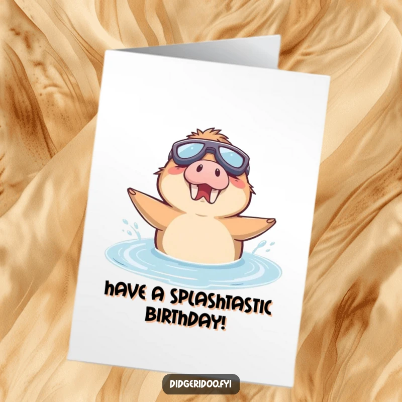 Funny Free Printable Birthday Card: A delighted platypus in goggles happily swims in a puddle, ready for a wet greeting.