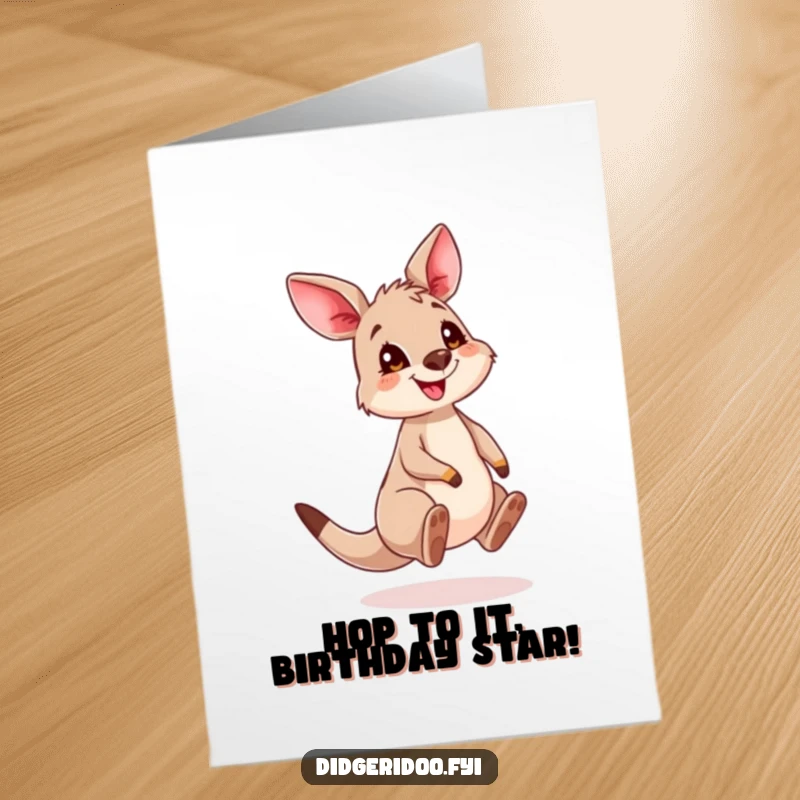 Funny Free Printable Birthday Card featuring a cute kangaroo cub with a playful grin bouncing enthusiastically.