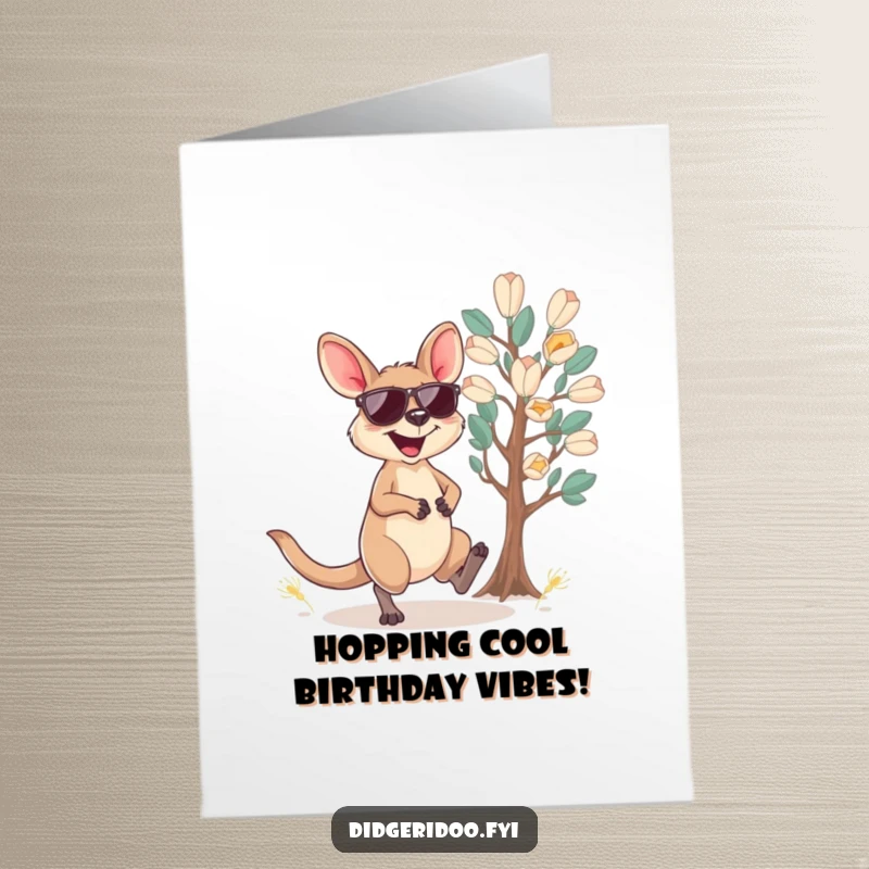 Funny Free Printable Wallaby Birthday Card: Cool Aussie animal in shades hopping joyfully near eucalyptus.