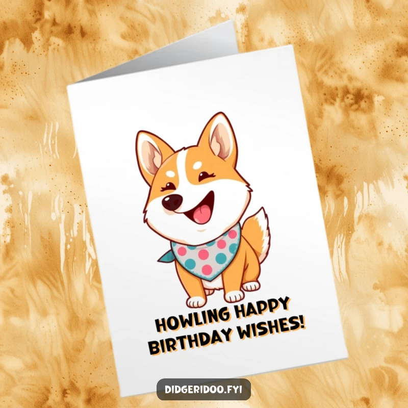 Funny Free Printable Birthday Card: A proud dingo sporting a bandana, howling enthusiastically for a birthday party.