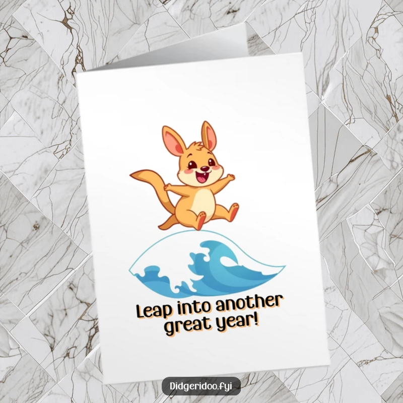Funny Free Printable Birthday Card: Cheerful Wallaby Mid-Leap Over a Blue Stylized Wave, Ready to Party