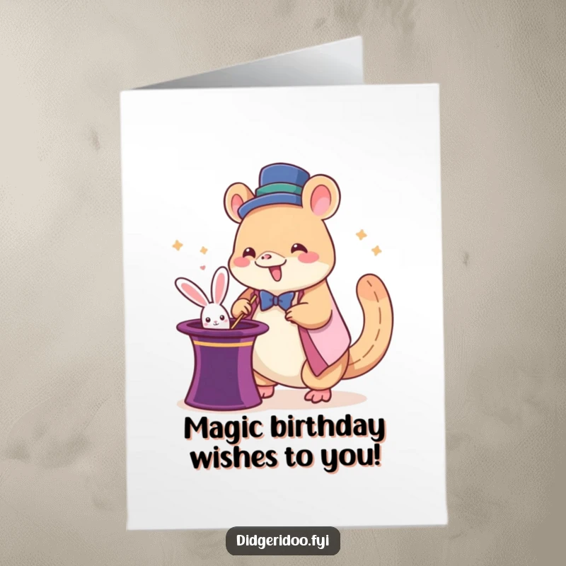 Funny Free Printable Birthday Card: A giddy platypus magician conjuring a rabbit from a hat, full of birthday wonder.
