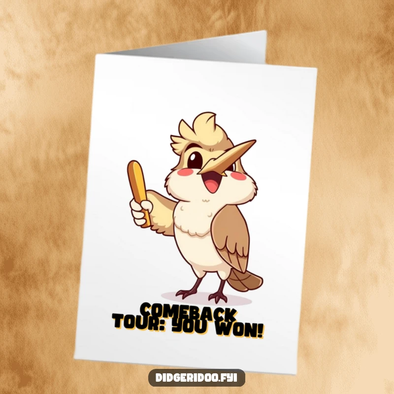 Funny Free Printable Congratulations Card of a smiling kookaburra expertly throwing a boomerang, capturing the spirit of achievement.