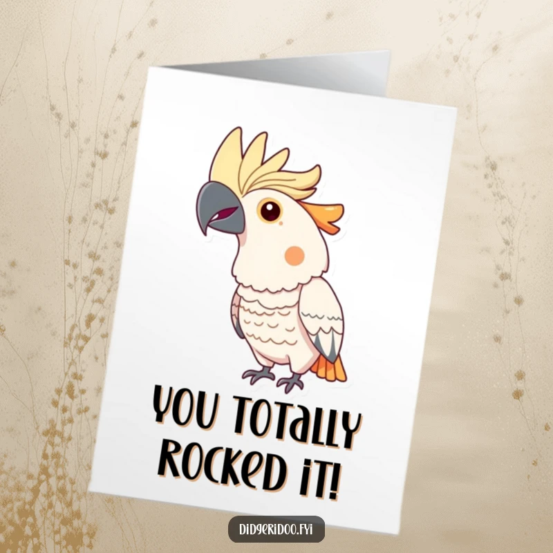 Funny Free Printable Cockatoo Congratulations Card: Proud cockatoo with a puffed chest, celebrating a fantastic achievement.