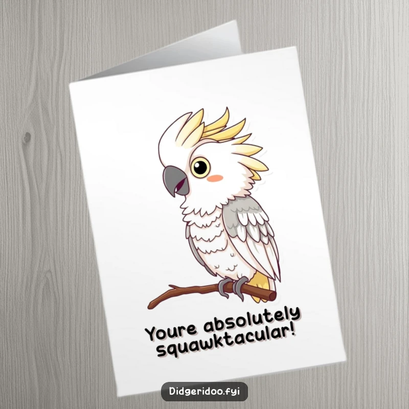 Funny Free Printable Congratulations Card with a curious cockatoo in a feather boa. Stylish and celebratory downloadable art.