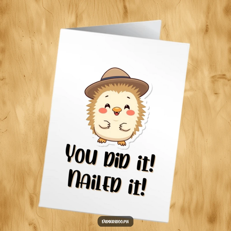 Funny Free Printable Congratulations Card with a cheerful echidna sporting a small Akubra hat, celebrating success with style.