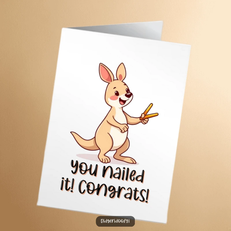 Funny Free Printable Congratulations Card: a happy kangaroo kicking a mini boomerang, celebrating your success with a laugh.