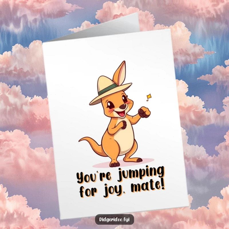Free Printable Congratulations Card showing a delighted kangaroo in an Akubra hat boxing playfully, celebrating a win.