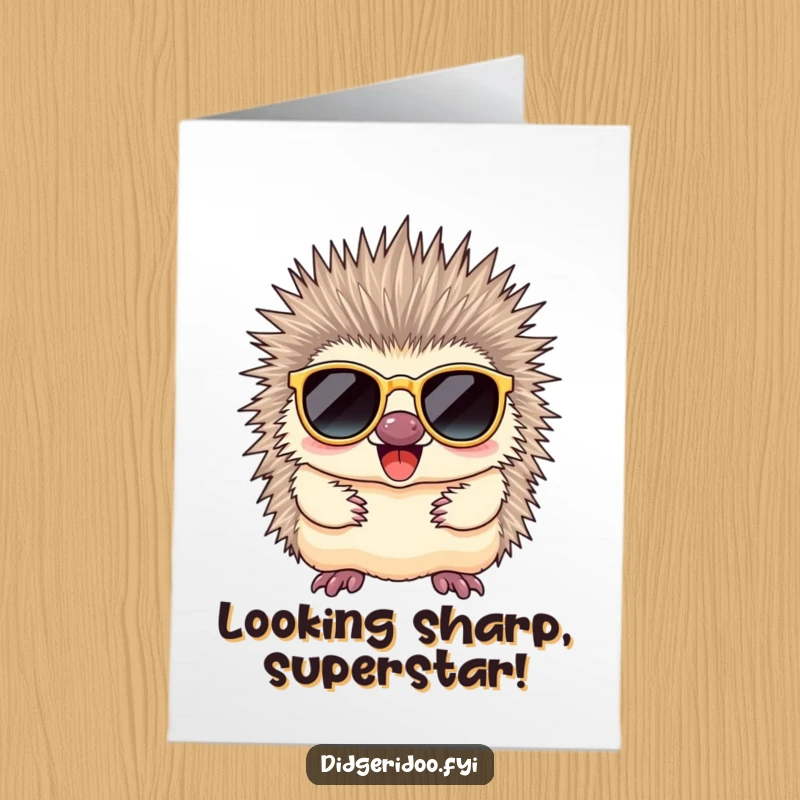 Funny Free Printable congratulations card showing a chill echidna wearing sunglasses, celebrating a great accomplishment with style.