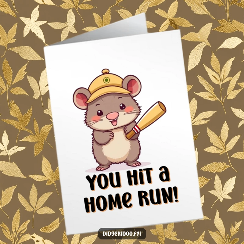 Funny Free Printable Congratulations Card features a determined wombat with a cricket cap, enthusiastically batting to mark a win.