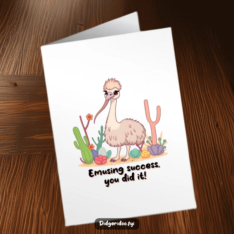 Funny Free Printable Congratulations Card of a curious emu with long neck weaving through stylized desert flora.