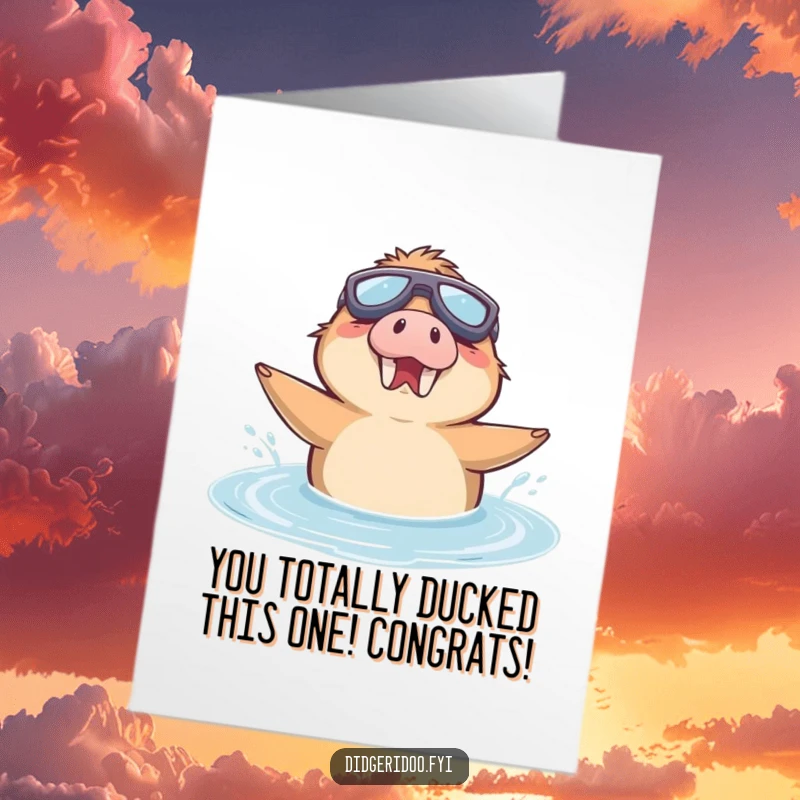 Funny Free Printable Congratulations Card: A platypus wearing goggles enthusiastically swims, celebrating a big win with a splash.
