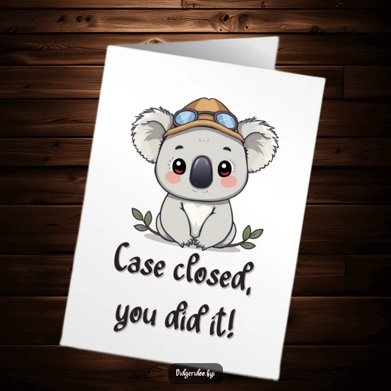 Funny free printable congratulations card showing a koala in a detective hat peeking, celebrating successful discoveries.