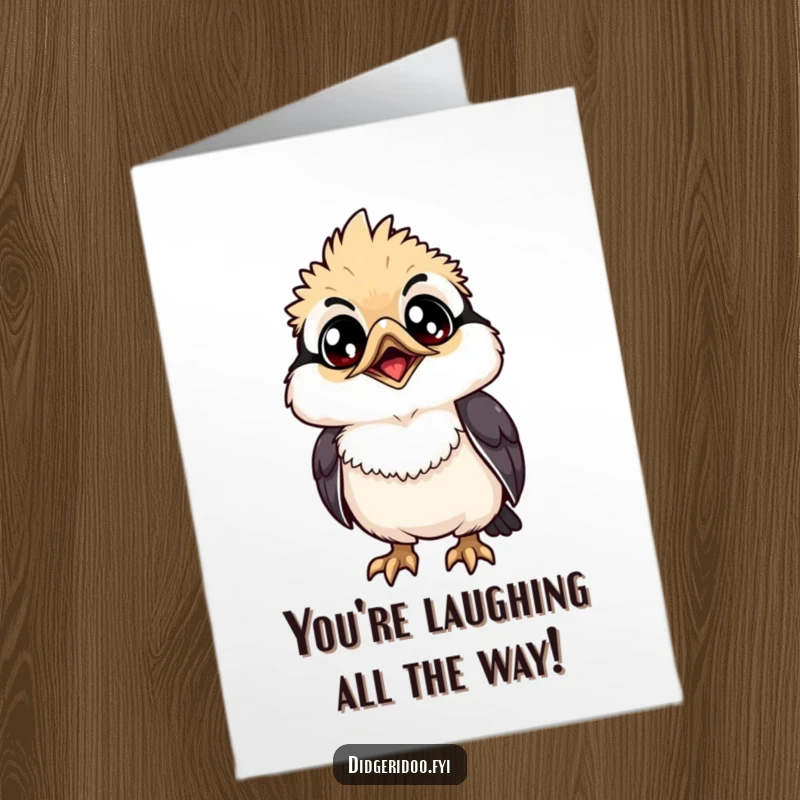 Funny Free Printable Congratulations Card: A grinning kookaburra with wide eyes looks up, sharing joyful congratulations.