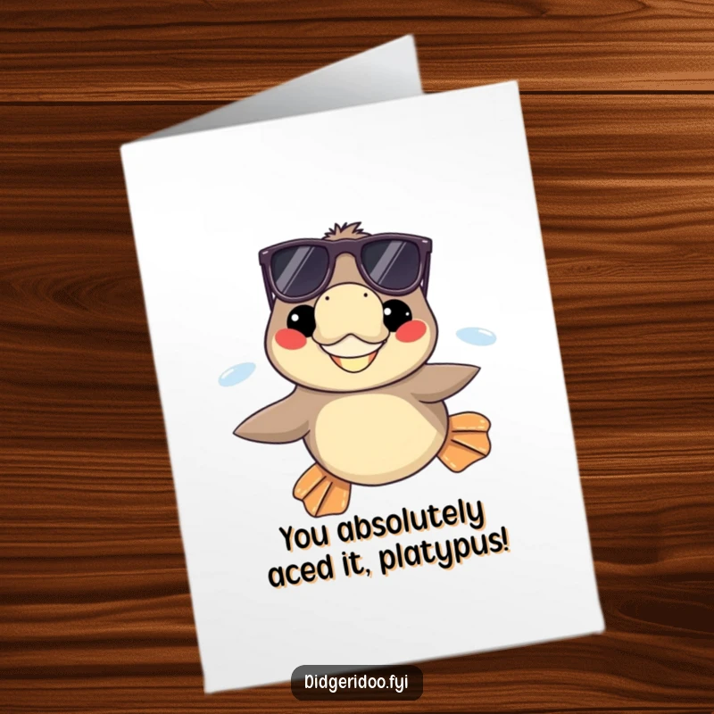 Free Printable Congratulations Card: Cool platypus in sunglasses swimming, celebrating success.