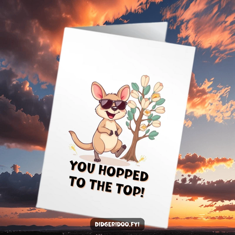 Funny Free Printable Wallaby Congratulations Card: Joyful Aussie wallaby in sunglasses celebrating a win.